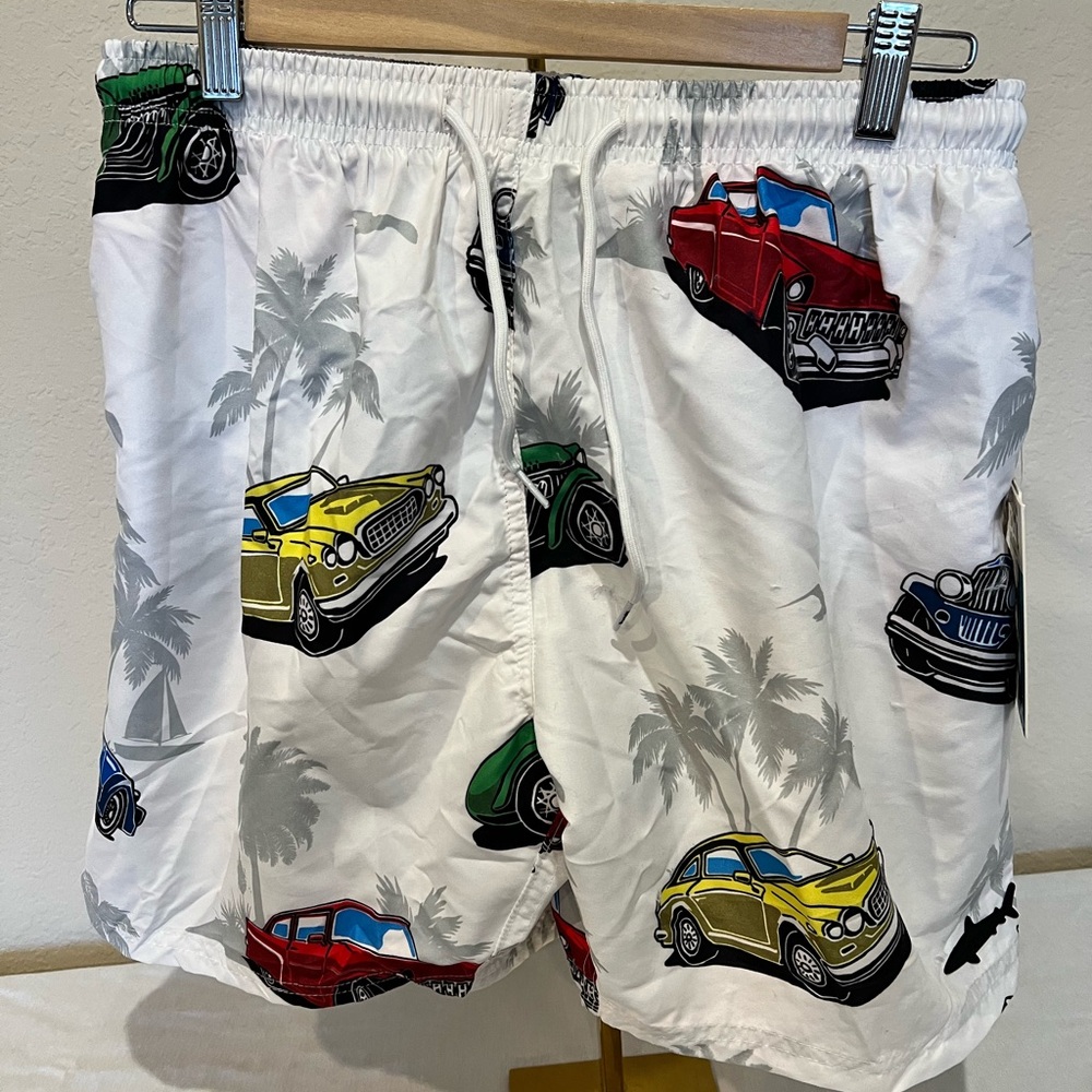 Men's White Swim Shorts with Car Print